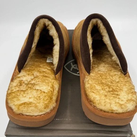 Ariat Mens Brown Leather Western Stitch Faux Fur Lined Scuff Slippers AR2842-200